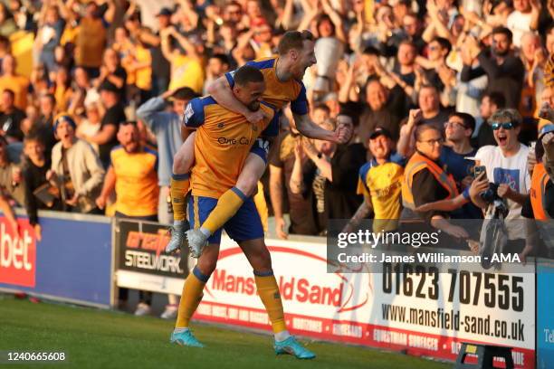 Jordan Bowery of Mansfield Town celebrates after scoring a goal to make it 2-0 during the Sky Bet League Two Play-off Semi Final 1st Leg match...