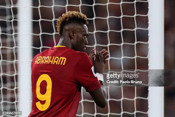 Tammy Abraham of AS Roma reacts during the Serie A match between AS Roma and Venezia FC at Stadio Olimpico on May 14, 2022 in Rome, Italy.