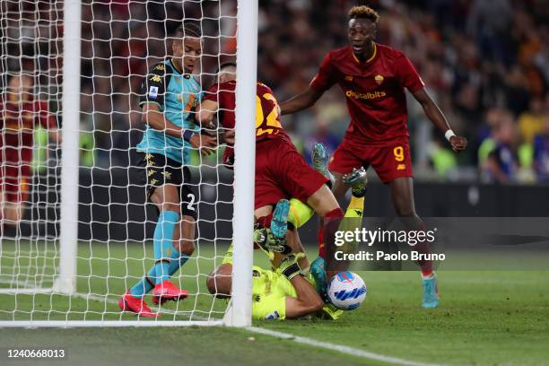 Stephan El Shaarawy of AS Roma competes for the ball with Niki Maenpaa of Venezia FC during the Serie A match between AS Roma and Venezia FC at...