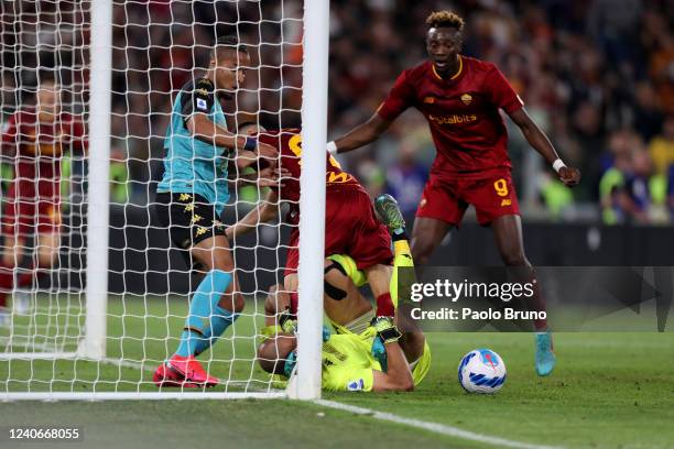 Stephan El Shaarawy of AS Roma competes for the ball with Niki Maenpaa of Venezia FC during the Serie A match between AS Roma and Venezia FC at...