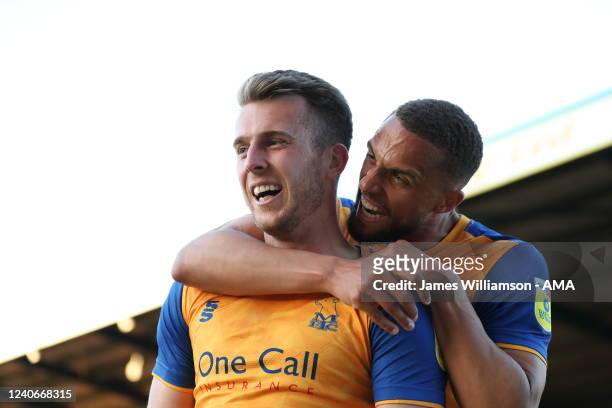 Rhys Oates of Mansfield Town celebrates after scoring a goal to make it 1-0 with Jordan Bowery during the Sky Bet League Two Play-off Semi Final 1st...