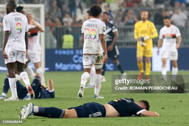 Bordeaux' Ukrainian midfielder Danylo Ihnatenko reacts at the end of the French L1 football match between Girondins de Bordeaux and FC Lorient at the...