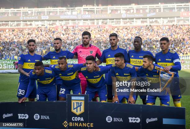 Players of Boca Juniors pose for a photo prior a semi-final match of Copa De la Liga 2022 between Boca Juniors and Racing Club at Estadio Ciudad de...