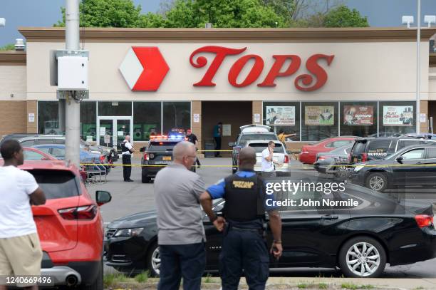 Buffalo Police on scene at a Tops Friendly Market on May 14, 2022 in Buffalo, New York. According to reports, at least 10 people were killed after a...