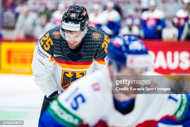 Oliver Lauridsen of Denmark in action during the 2022 IIHF Ice Hockey World Championship match between Slovakia and Germany at Helsinki Ice Hall on...