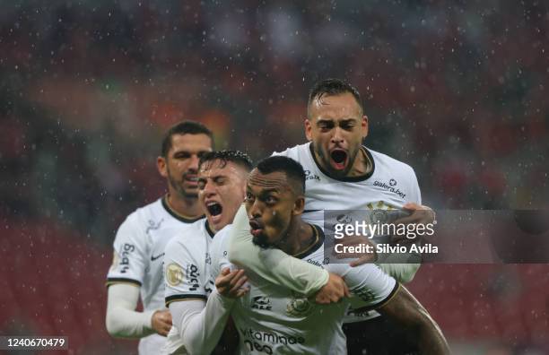 Raul Gustavo of Corinthians celebrates after scoring the first goal of his team during the match between Internacional and Corinthians as part of...