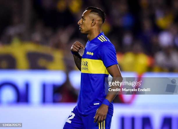 Sebastian Villa of Boca Juniors celebrates after scoring the penalty during the penalty shootout in a semi-final match of Copa De la Liga 2022...