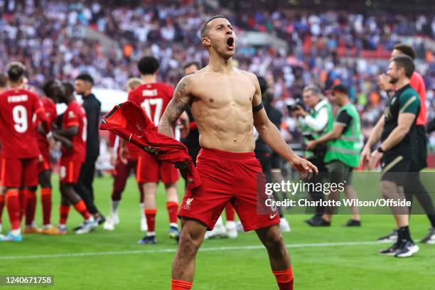 Thiago Alcantara of Liverpool celebrates during The FA Cup Final match between Chelsea and Liverpool at Wembley Stadium on May 14, 2022 in London,...