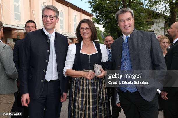 Minister Markus Blume, Ilse Aigner and Prime Minister of Bavaria Markus Söder during the 42nd Oberammergauer Passionsspiele at Passionstheater on May...