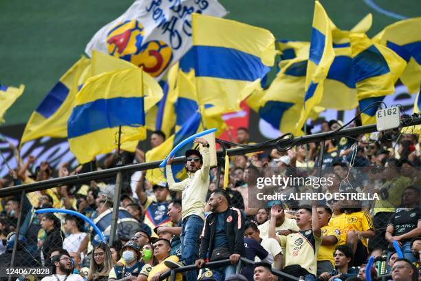 Fans of America cheer during the Mexican Clausura football tournament quarter-final second leg match against Puebla, at the Azteca stadium in Mexico...