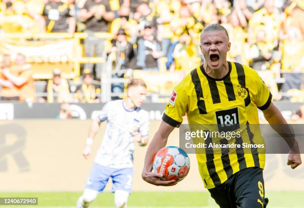 Erling Haaland celebrates his goal to the 1:1 during the Bundesliga match between Borussia Dortmund and Hertha BSC at the Signal Iduna Park on May...