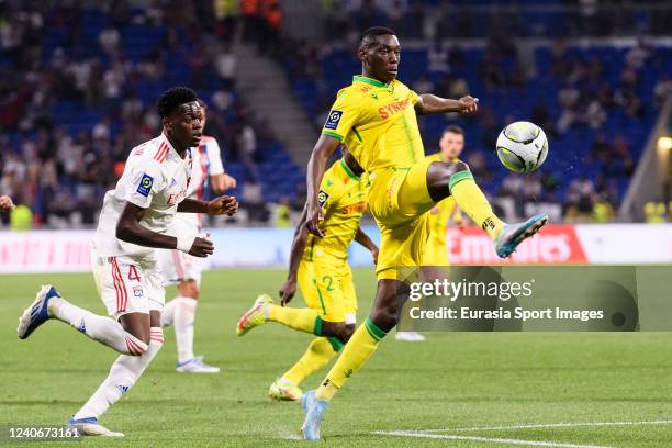 Randal Kolo Muani of Nantes controls the ball during the Ligue 1 Uber Eats match between Olympique Lyonnais and FC Nantes at Groupama Stadium on May...