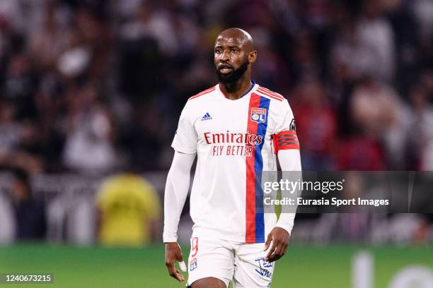 Moussa Dembele of Lyon walks in the field during the Ligue 1 Uber Eats match between Olympique Lyonnais and FC Nantes at Groupama Stadium on May 14,...