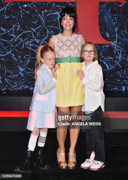 English singer Lily Allen and daughters Marnie Rose Cooper and Ethel Cooper attend "Stranger Things" season 4 premiere at Netflix Brooklyn in New...
