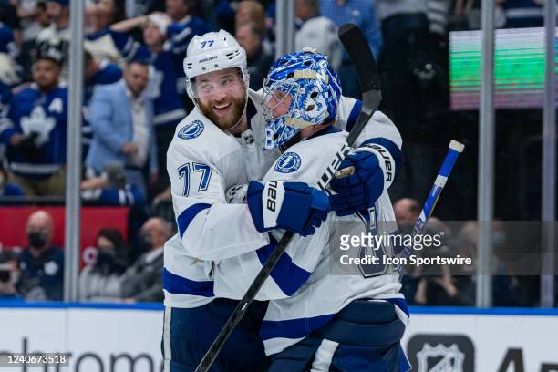 Tampa Bay Lightning Defenceman Victor Hedman and Tampa Bay Lightning Goalie Andrei Vasilevskiy celebrate the win after the Round 1 NHL Stanley Cup...