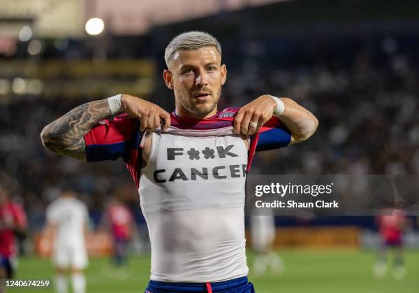 Paul Arriola of FC Dallas celebrates his goal during the game against Los Angeles Galaxy at the Dignity Health Sports Park on May 14, 2022 in Carson,...