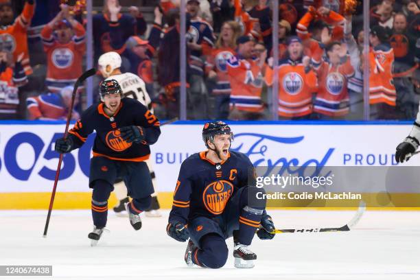 Connor McDavid of the Edmonton Oilers celebrates a goal against the Los Angeles Kings during the third period in Game Seven of the First Round of the...