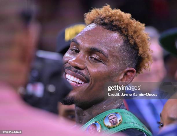 Jermell Charlo celebrates in the ring after defeating Brian Castano in their super middleweight title fight at Dignity Health Sports Park on May 14,...