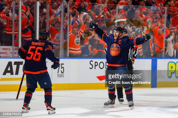 Edmonton Oilers Center Connor McDavid celebrates the game clinching goal in the third period during the Edmonton Oilers versus the Los Angeles Kings...