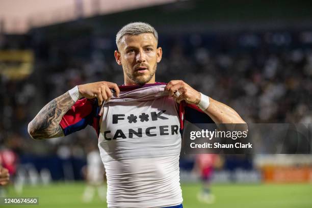 Paul Arriola of FC Dallas celebrates his goal during the game against Los Angeles Galaxy at the Dignity Health Sports Park on May 14, 2022 in Carson,...