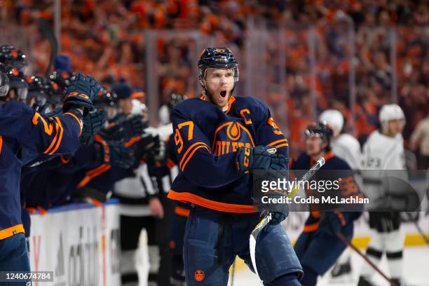 Connor McDavid of the Edmonton Oilers celebrates a goal against the Los Angeles Kings during the third period in Game Seven of the First Round of the...