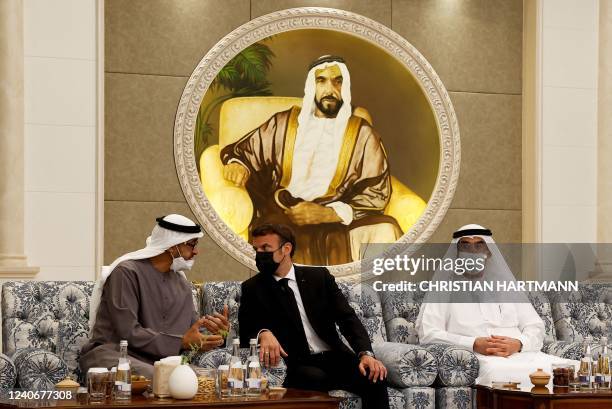 French President Emmanuel Macron meets newly-elected president of the United Arab Emirates Sheikh Mohammed bin Zayed Al Nahyan at Al Mushrif Palace...