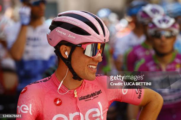 Team Trek's Spanish rider Juan Pedro Lopez wearing the overall leader's pink jersey awaits the start of the 9th stage of the Giro d'Italia 2022...