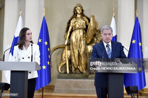 Finland's Prime Minister Sanna Marin and Finland's President Sauli Niinistö give a press conference to announce that Finland will apply for NATO...