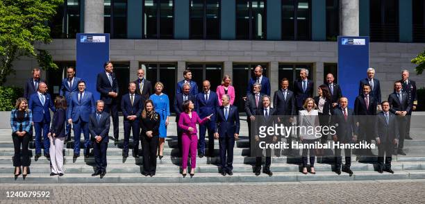 Foreign ministers and others stand together for a family picture during an informal meeting of NATO members states foreign ministers on May 15, 2022...