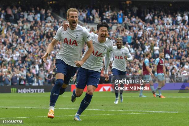 Harry Kane of Tottenham Hotspur celebrates scoring the opening goal with Son Heung-Min of Tottenham Hotspur during the Premier League match between...