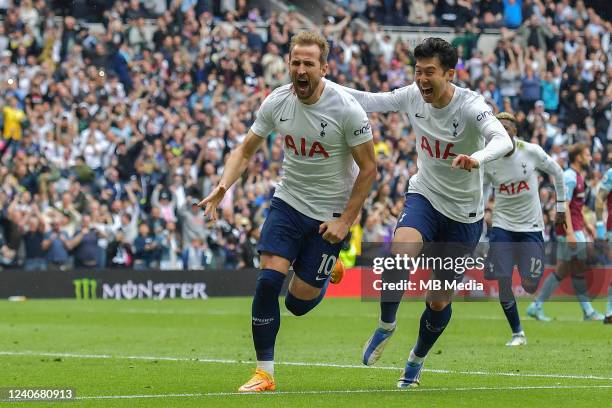 Harry Kane of Tottenham Hotspur celebrates scoring the opening goal with Son Heung-Min of Tottenham Hotspur during the Premier League match between...