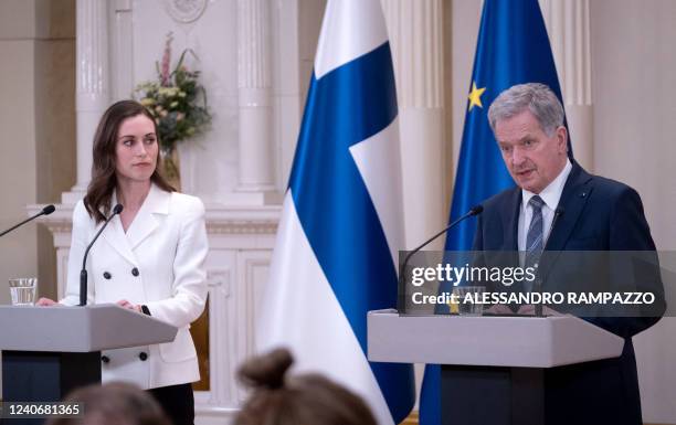 Finland's Prime Minister Sanna Marin and Finland's President Sauli Niinistö give a press conference to announce that Finland will apply for NATO...
