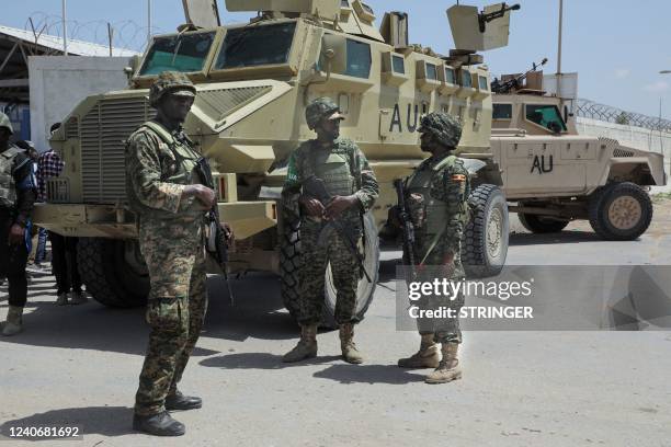 Africa Union soldiers man a security cordon during a complete lockdown of the entire city due to the presidential election in, Mogadishu on May 15,...