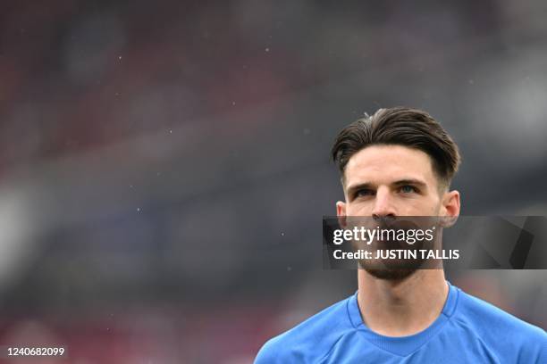 West Ham United's English midfielder Declan Rice reacts prior to the start of the English Premier League football match between West Ham United and...