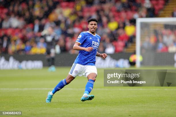 James Justin of Leicester City during the Premier League match between Watford and Leicester City at Vicarage Road on May 15, 2022 in Watford, United...