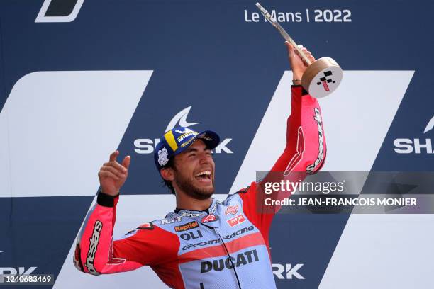 Winner Gresini Racing Italian rider Enea Bastianini celebrates on the podium after the French Moto GP Grand Prix, at the Bugatti circuit in Le Mans,...