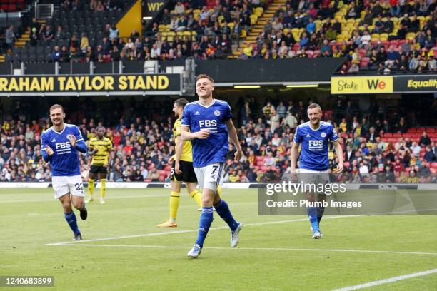 Harvey Barnes of Leicester City celebrates after scoring to make it 1-3 during the Premier League match between Watford and Leicester City at...