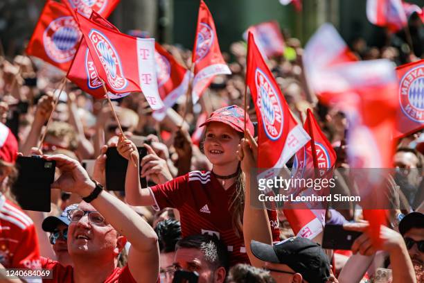 Fans as FC Bayern Muenchen celebrate winning the Bundesliga at Marienplatz on May 15, 2022 in Munich, Germany. FC Bayern won the Bundesliga...