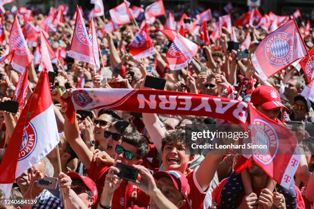 Fans as FC Bayern Muenchen celebrate winning the Bundesliga at Marienplatz on May 15, 2022 in Munich, Germany. FC Bayern won the Bundesliga...