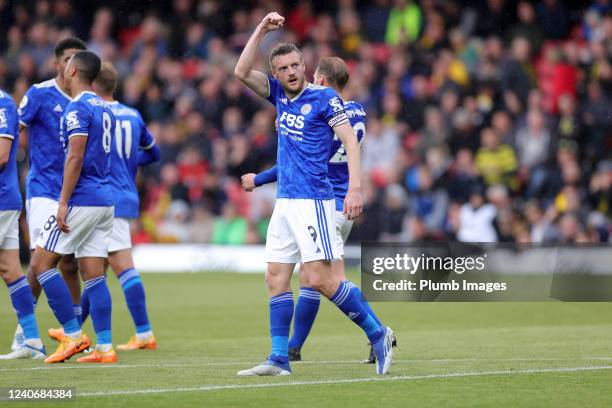 Jamie Vardy of Leicester City celebrates after scoring to make it 1-4 during the Premier League match between Watford and Leicester City at Vicarage...
