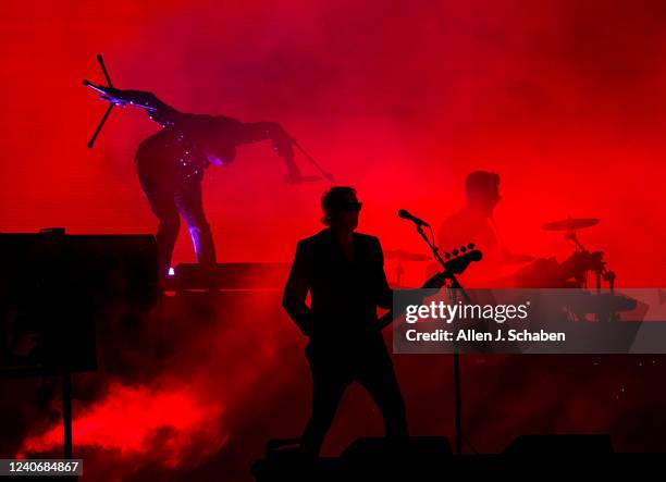 Pasadena, CA Bauhaus from left: lead singer Peter Murphy, bassist David J, and drummer Kevin Haskins perform at the Cruel World festival at Rose Bowl...