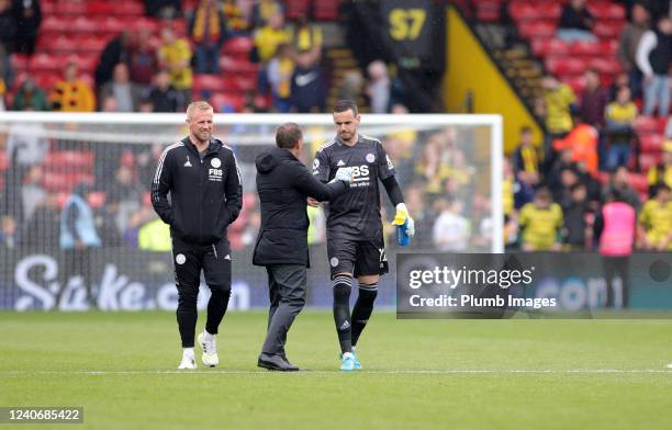 Danny Ward of Leicester City with Leicester City Manager Brendan Rodgers and Kasper Schmeichel of Leicester City after the Premier League match...
