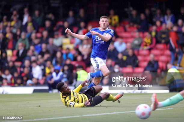 Harvey Barnes of Leicester City scores to make it 1-5 during the Premier League match between Watford and Leicester City at Vicarage Road on May 15,...
