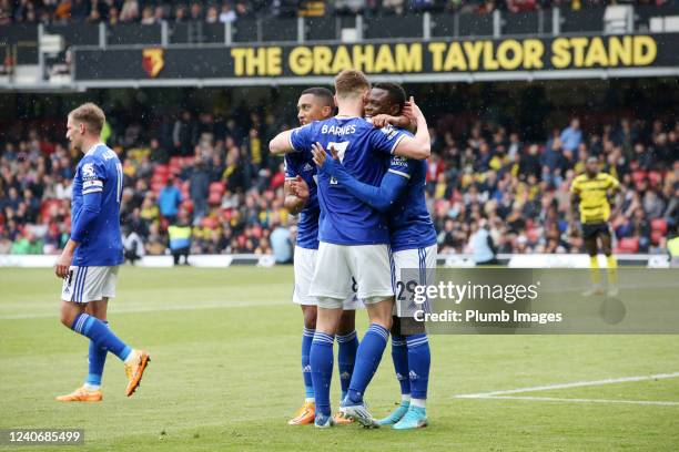 Harvey Barnes of Leicester City celebrates with Patson Daka of Leicester City and Youri Tielemans of Leicester City after scoring to make it 1-5...