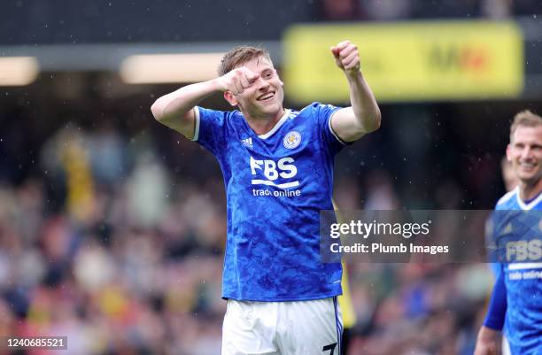 Harvey Barnes of Leicester City celebrates after scoring to make it 1-5 during the Premier League match between Watford and Leicester City at...