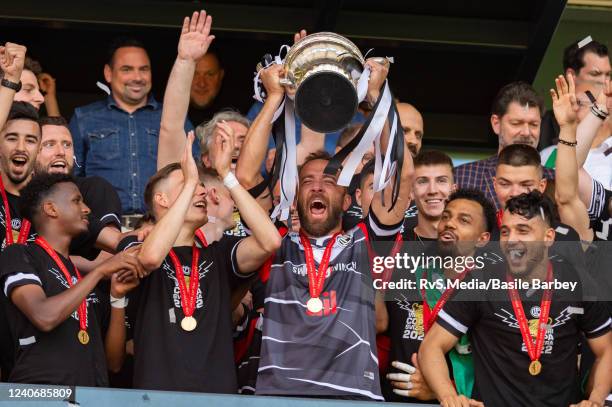 Mijat Maric of FC Lugano raises the cup trophy after the Swiss Cup Final match between FC Lugano v FC St. Gallen 1879 at Wankdorf Stadion on May 15,...