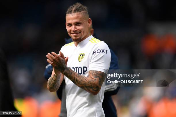 Leeds United's English midfielder Kalvin Phillips applauds supporters on the pitch after the English Premier League football match between Leeds...