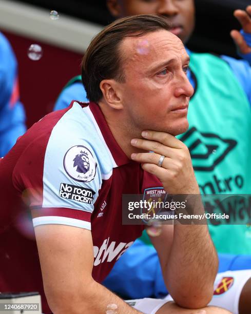 Mark Noble of West Ham United cries before kick off during the Premier League match between West Ham United and Manchester City at London Stadium on...