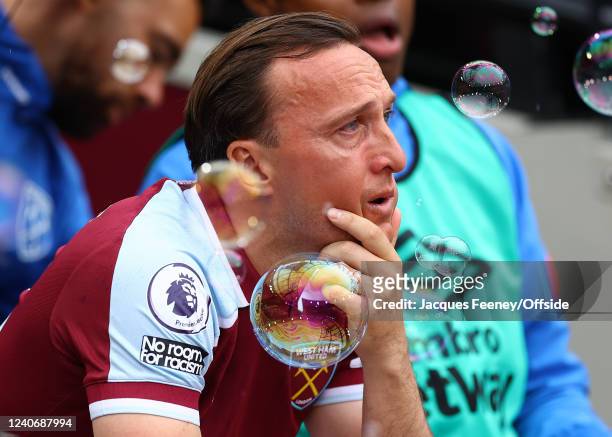 Mark Noble of West Ham United cries before kick off during the Premier League match between West Ham United and Manchester City at London Stadium on...