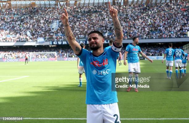 Lorenzo Insigne of SSC Napoli greets his fans during the Serie A match between SSC Napoli and Genoa CFC at Stadio Diego Armando Maradona on May 15,...
